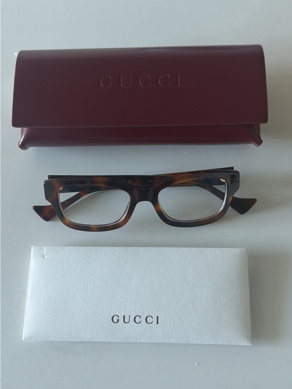 Gucci Women’s Tortoiseshell Rectangular Glasses with Burgundy Case